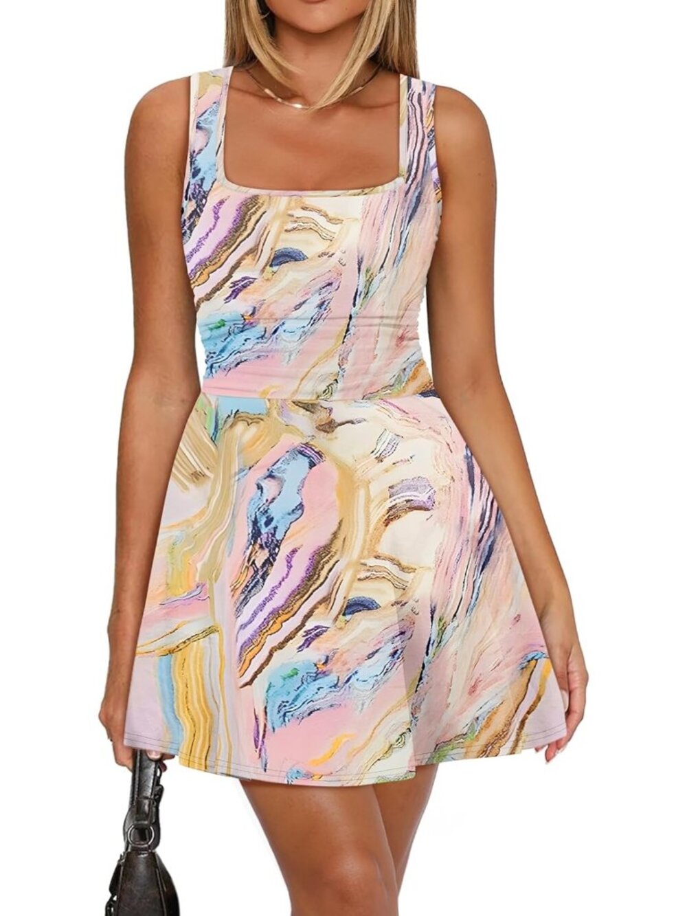 Women's Print Pink Square Neck Ruched Waist Fit Flare Pleated Pull On Mini Dress